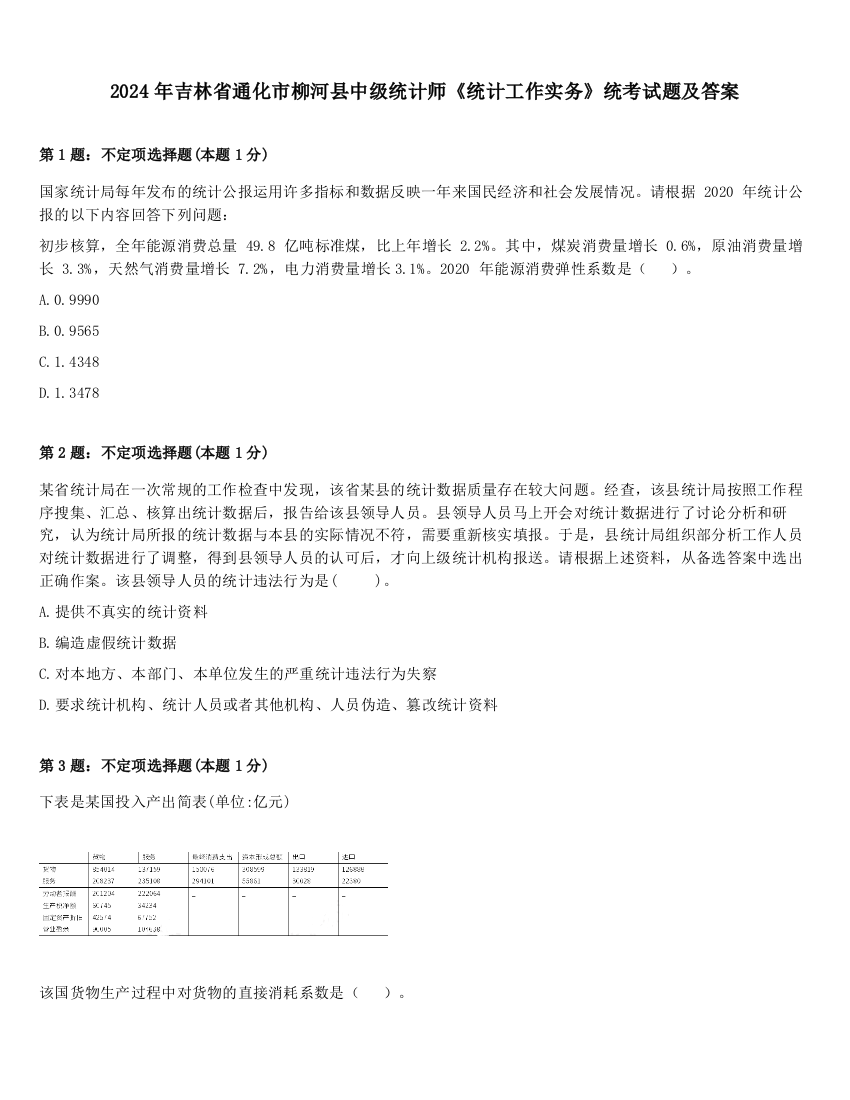 2024年吉林省通化市柳河县中级统计师《统计工作实务》统考试题及答案