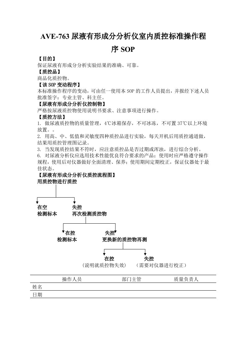 AVE-763尿液有形成分分析仪室内质控标准操作程序SOP