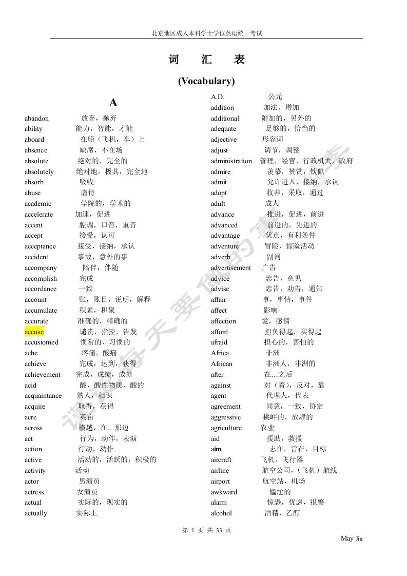 北京地区成人本科学位英语考试大纲词汇表