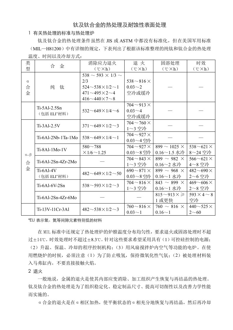 钛及钛合金的热处理及耐蚀性表面处理