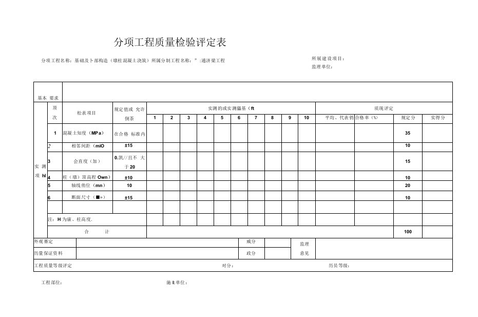 分项工程质量检验评定表(墩柱混凝土浇筑)