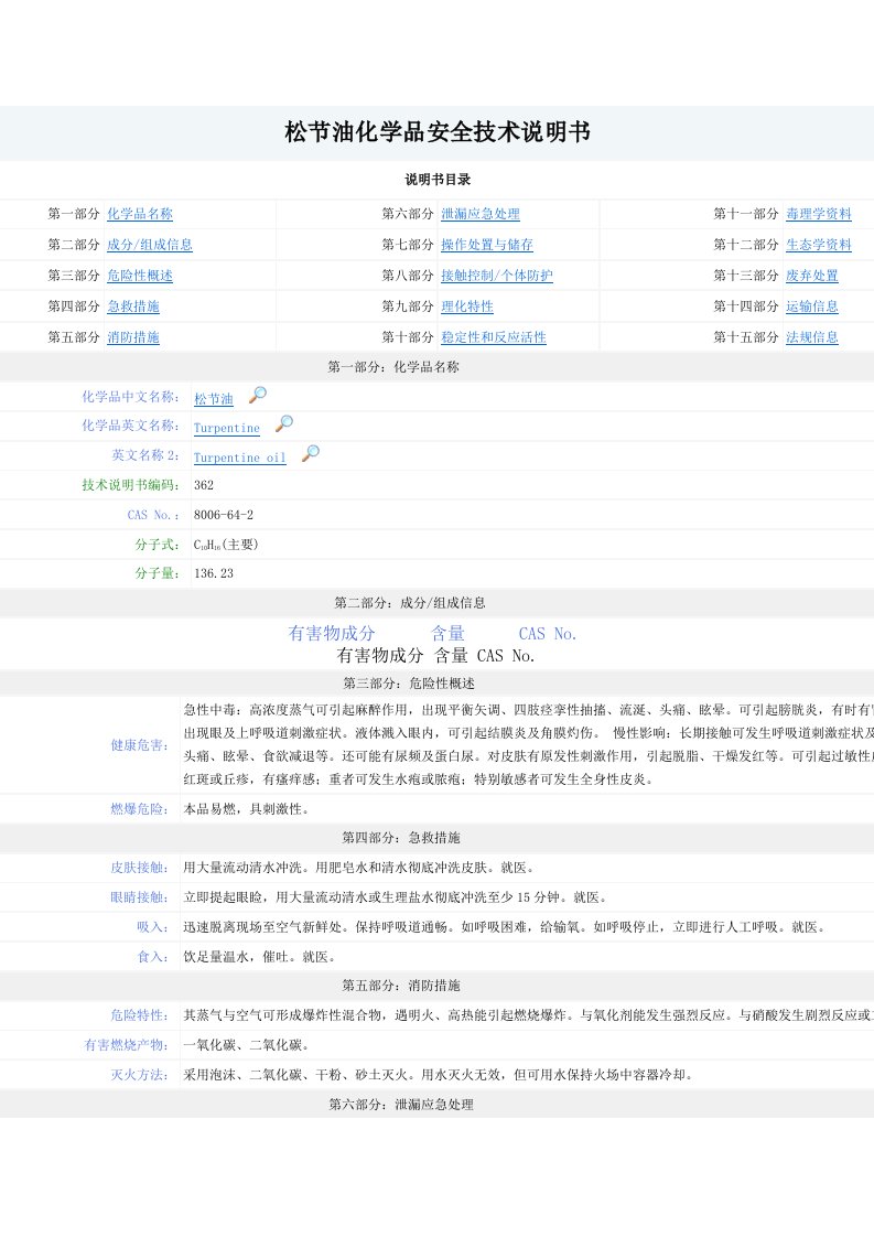 松节油化学品安全技术说明书