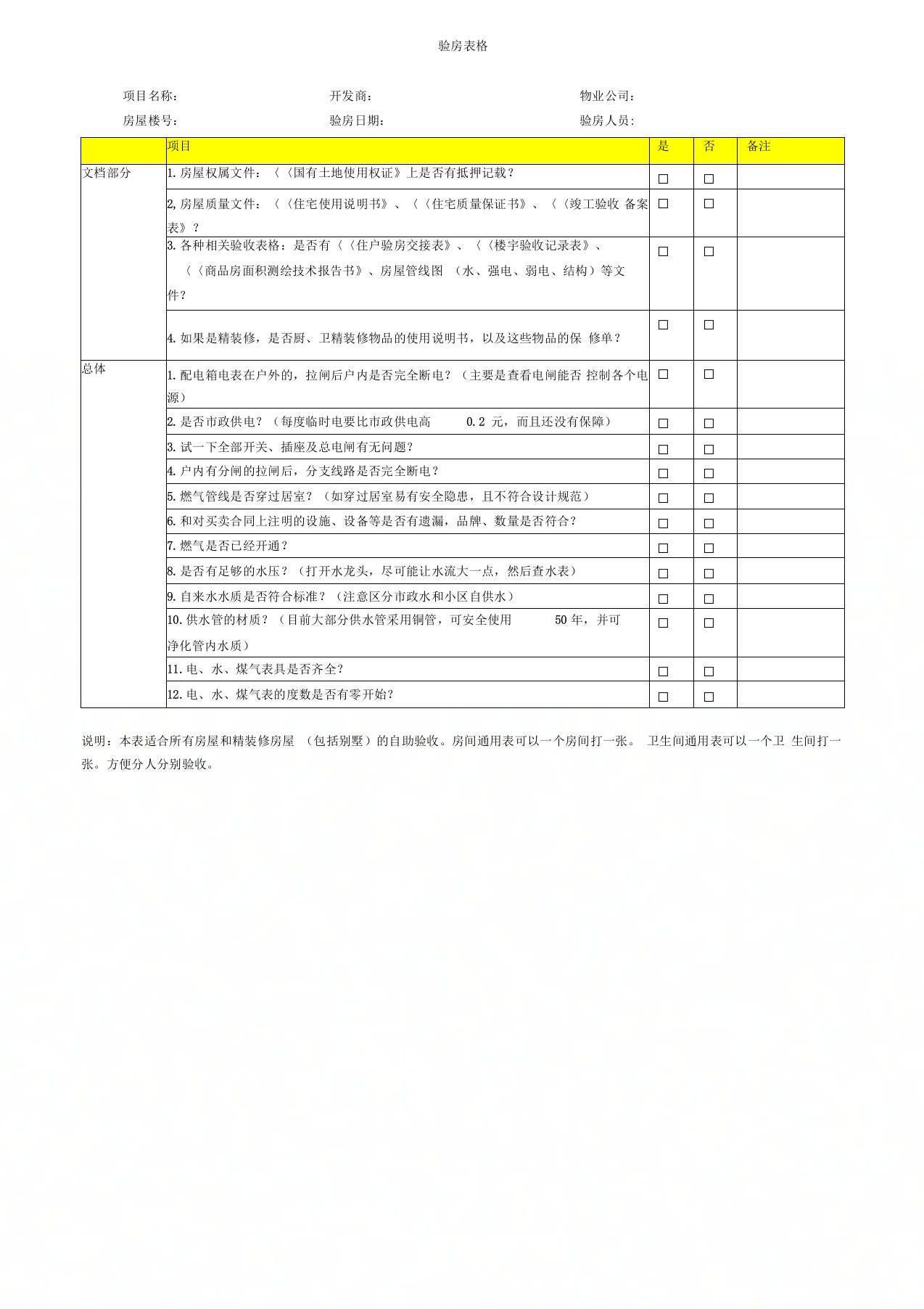 收房实用验房表格