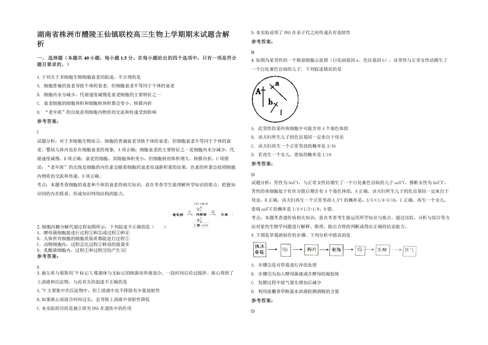 湖南省株洲市醴陵王仙镇联校高三生物上学期期末试题含解析