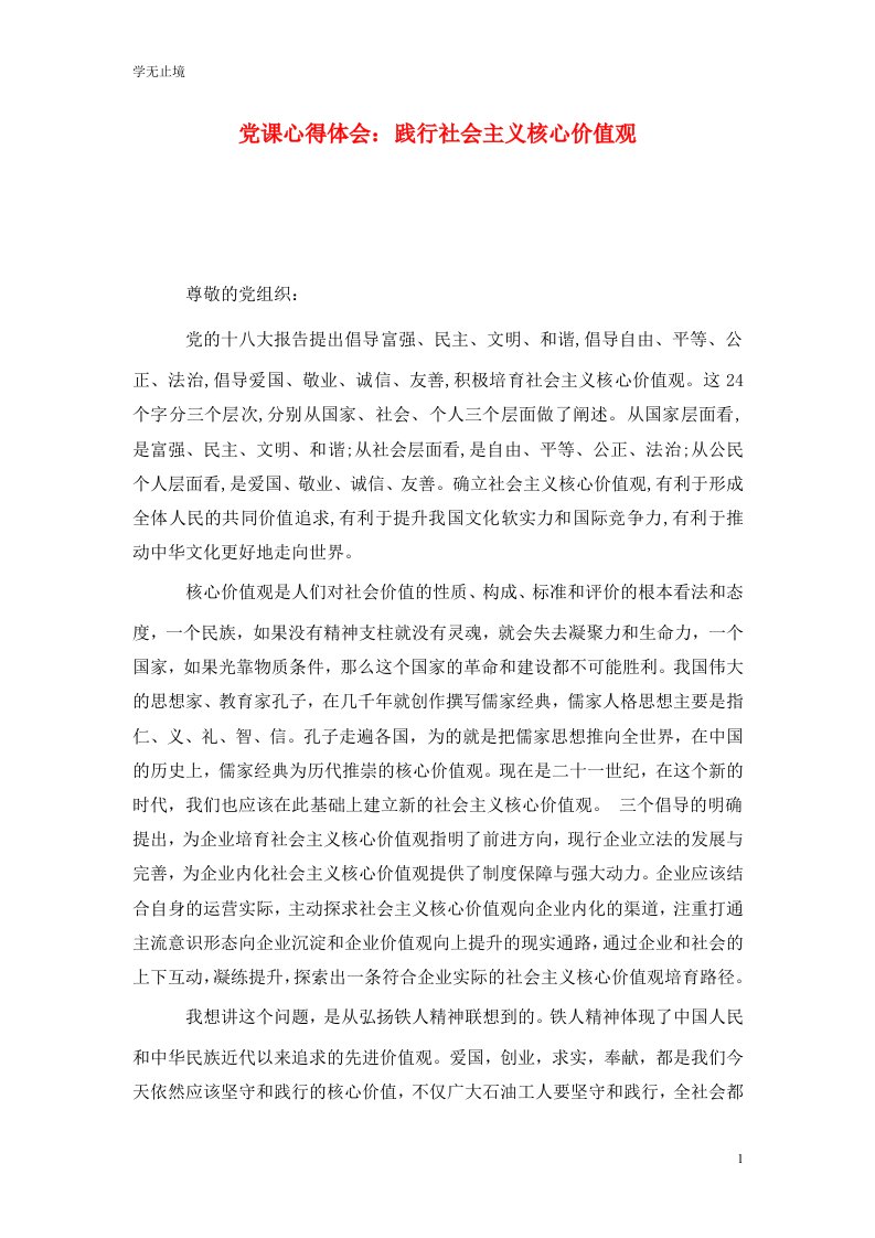 精选党课心得体会践行社会主义核心价值观