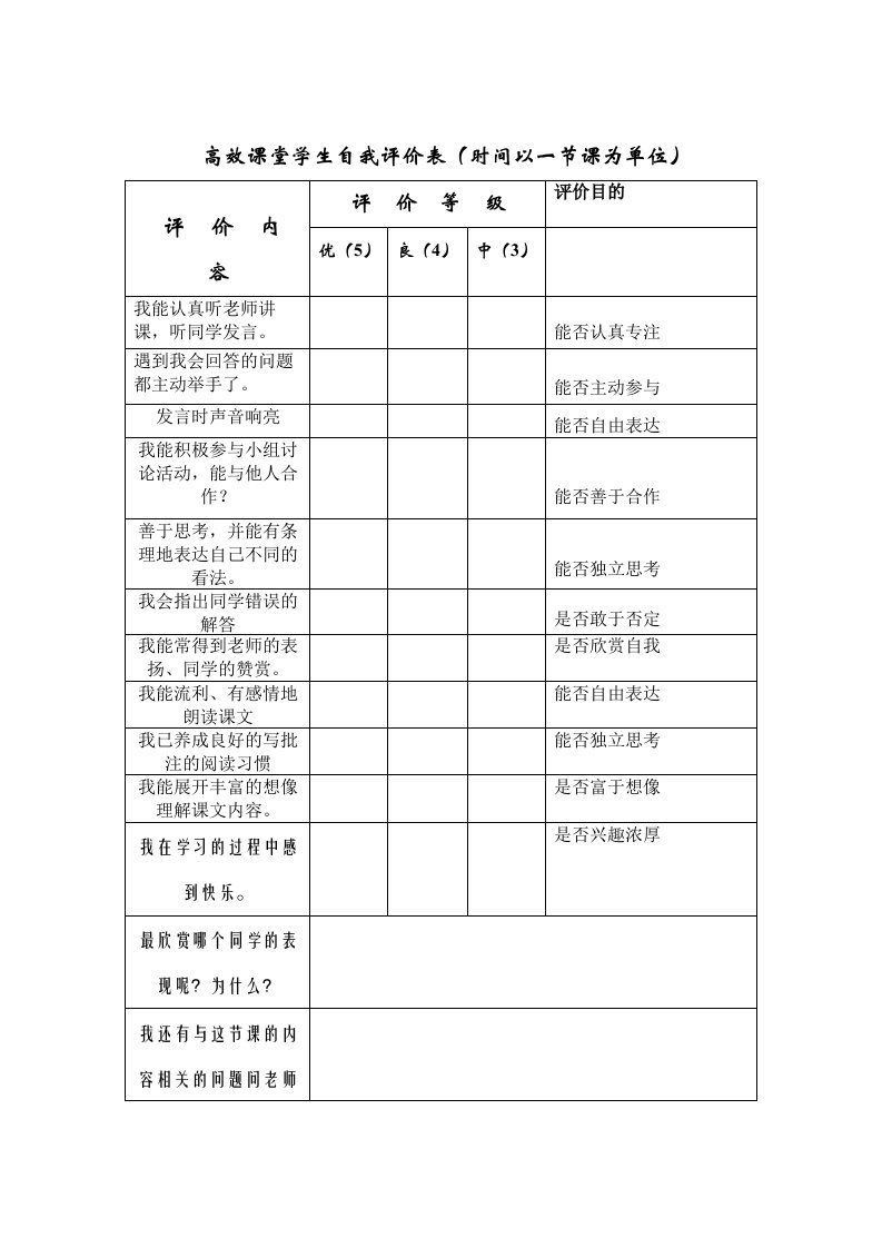 高效课堂学生自我评价表