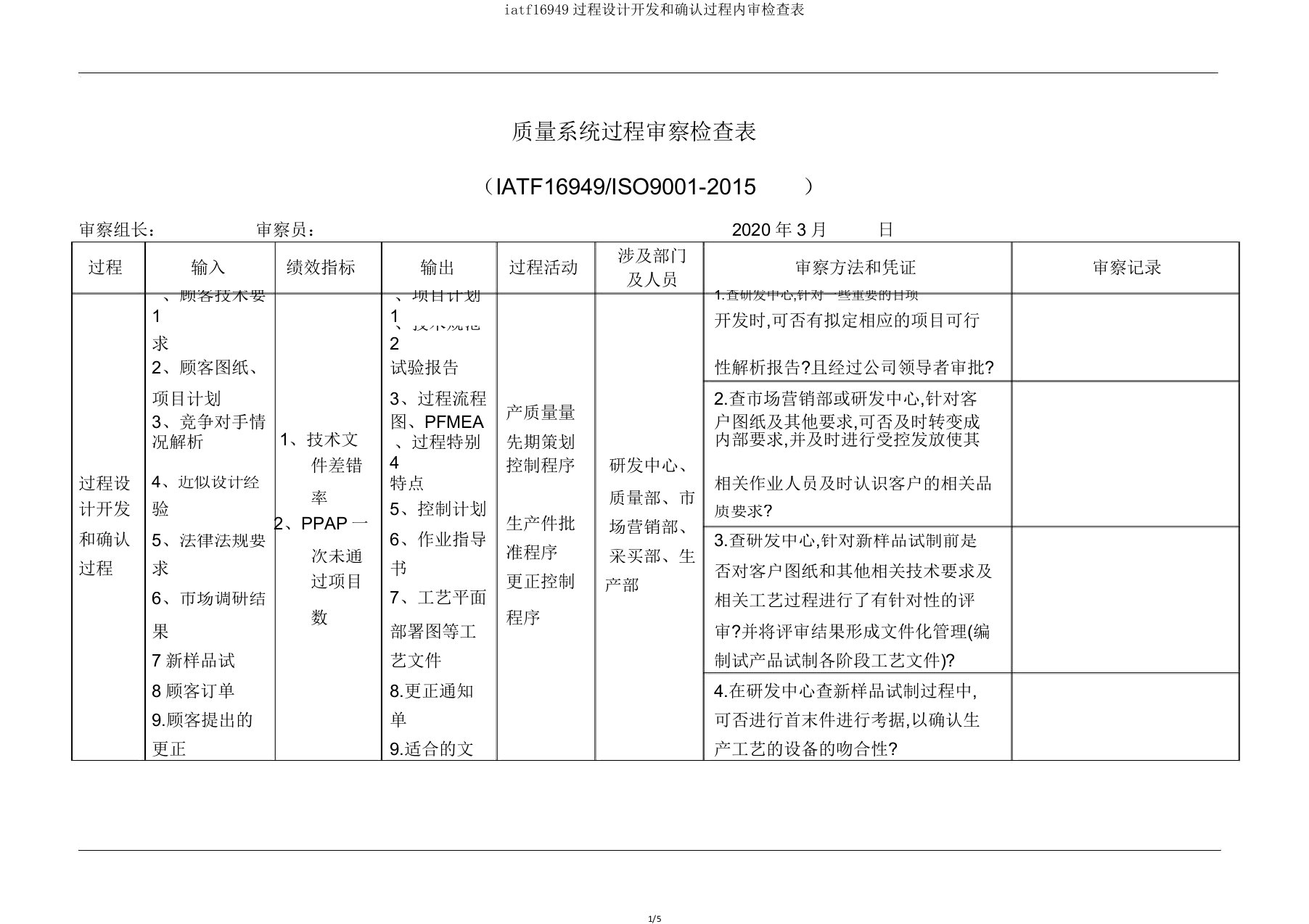 iatf16949过程设计开发和确认过程内审检查表