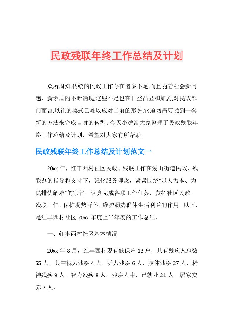 民政残联年终工作总结及计划