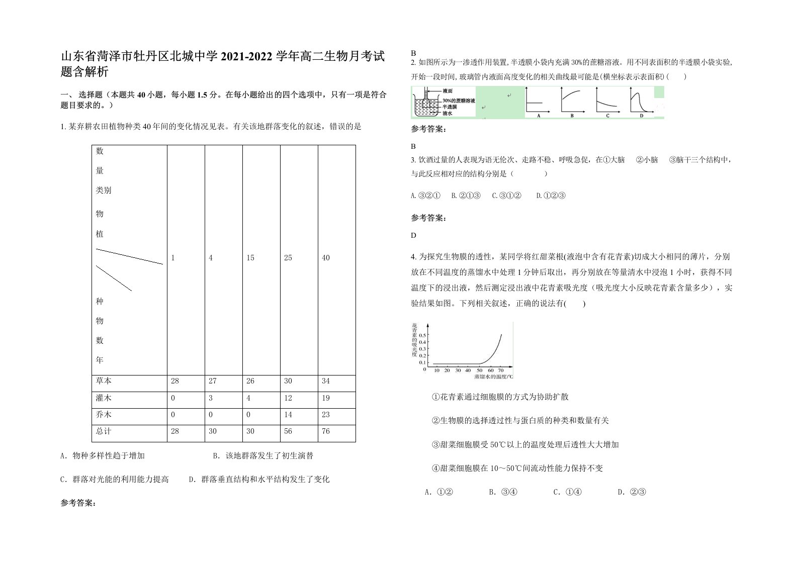 山东省菏泽市牡丹区北城中学2021-2022学年高二生物月考试题含解析