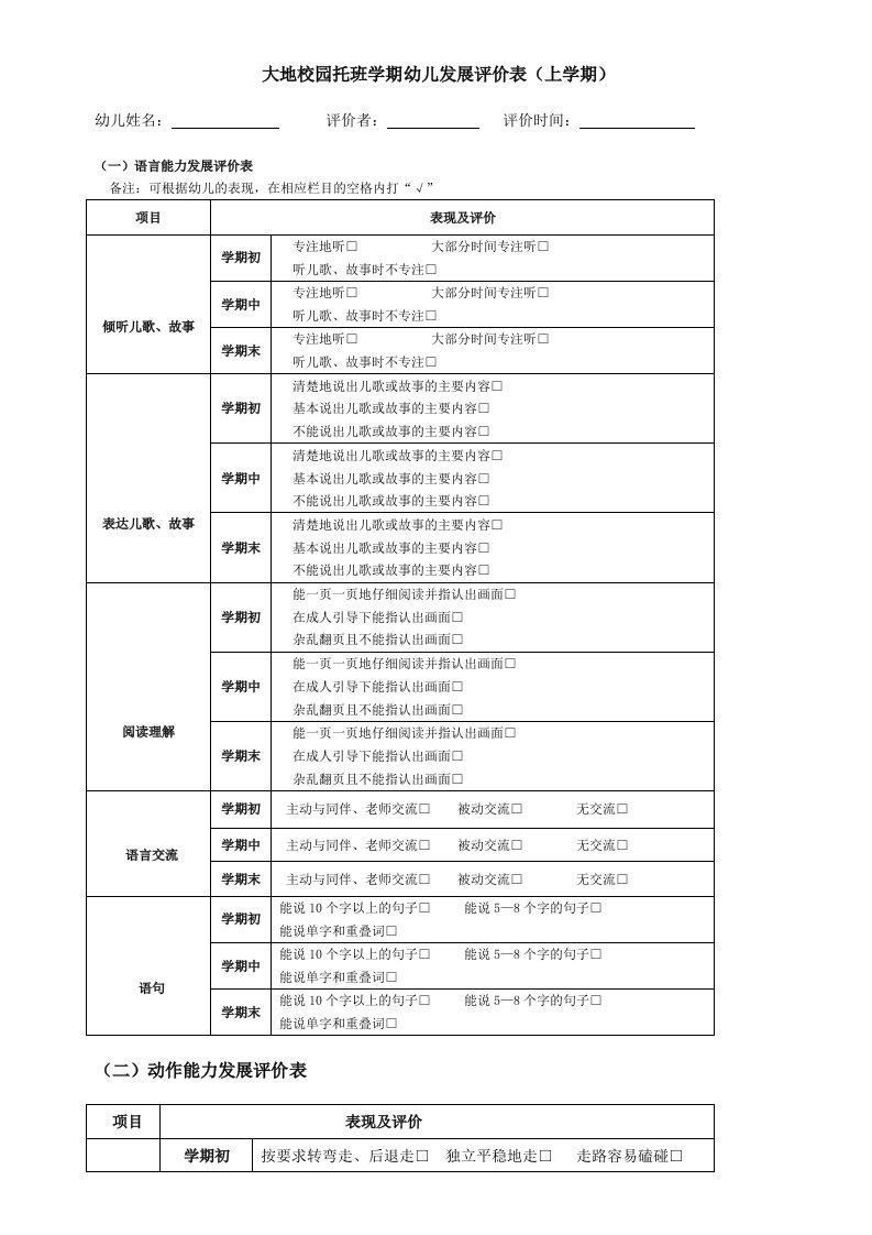 托班学期幼儿发展评价表（上学期）