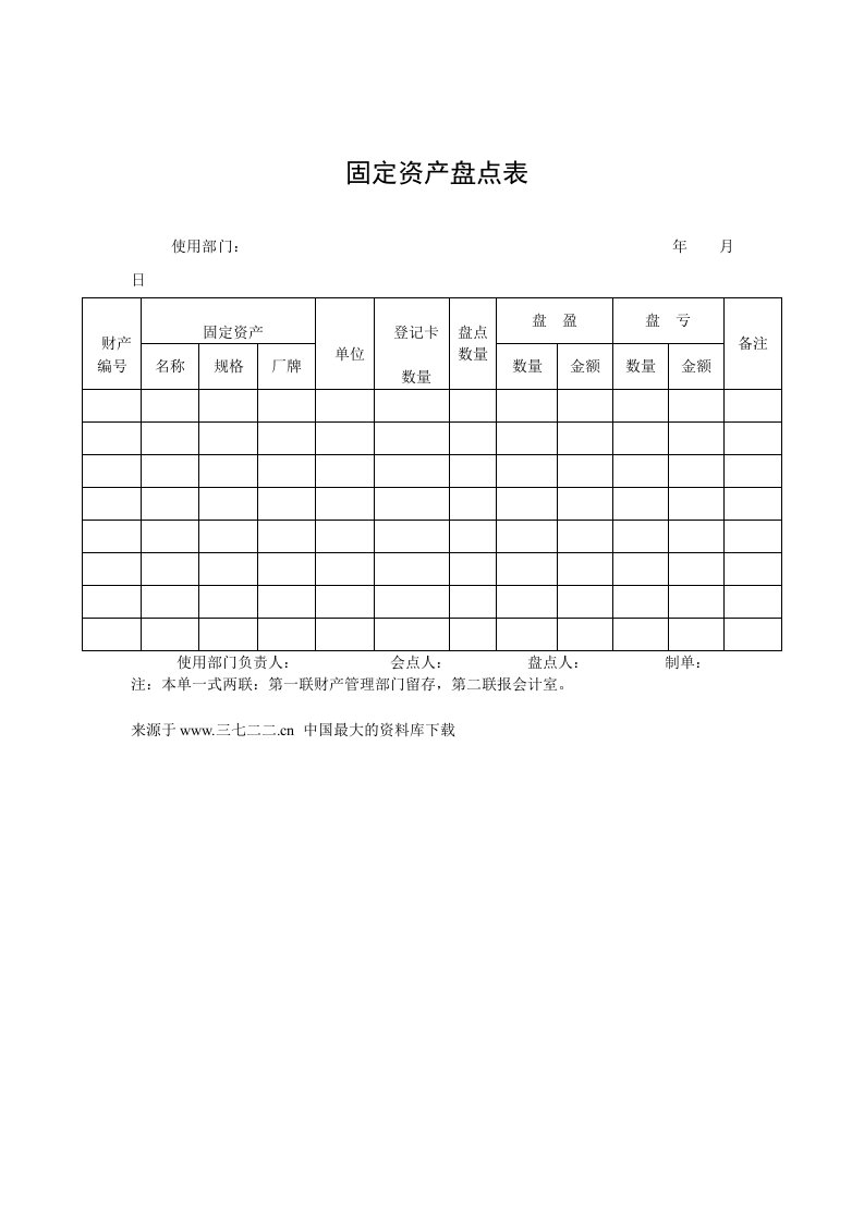 www.3722.cn资料搜索网-《财务管理表格--固定资产盘点表》（DOC）