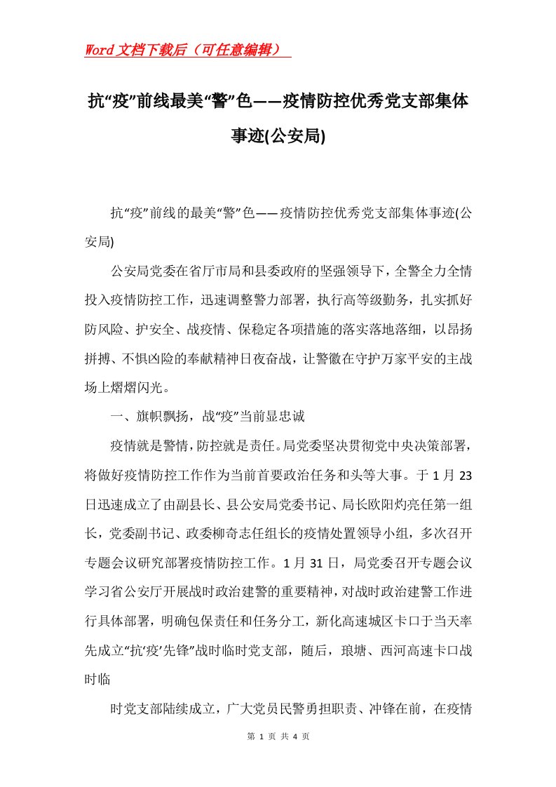 抗疫前线最美警色疫情防控优秀党支部集体事迹公安局