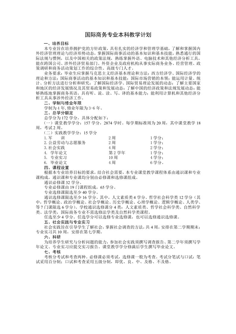 国际商务专业本科教学计划