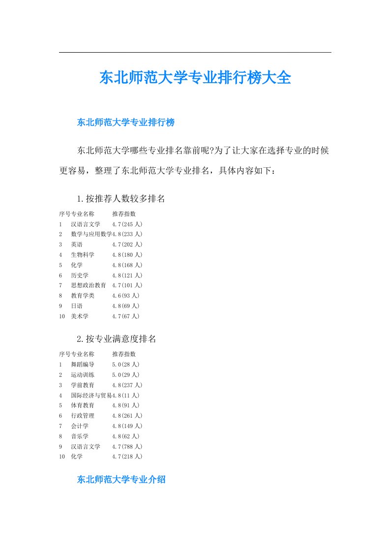 东北师范大学专业排行榜大全