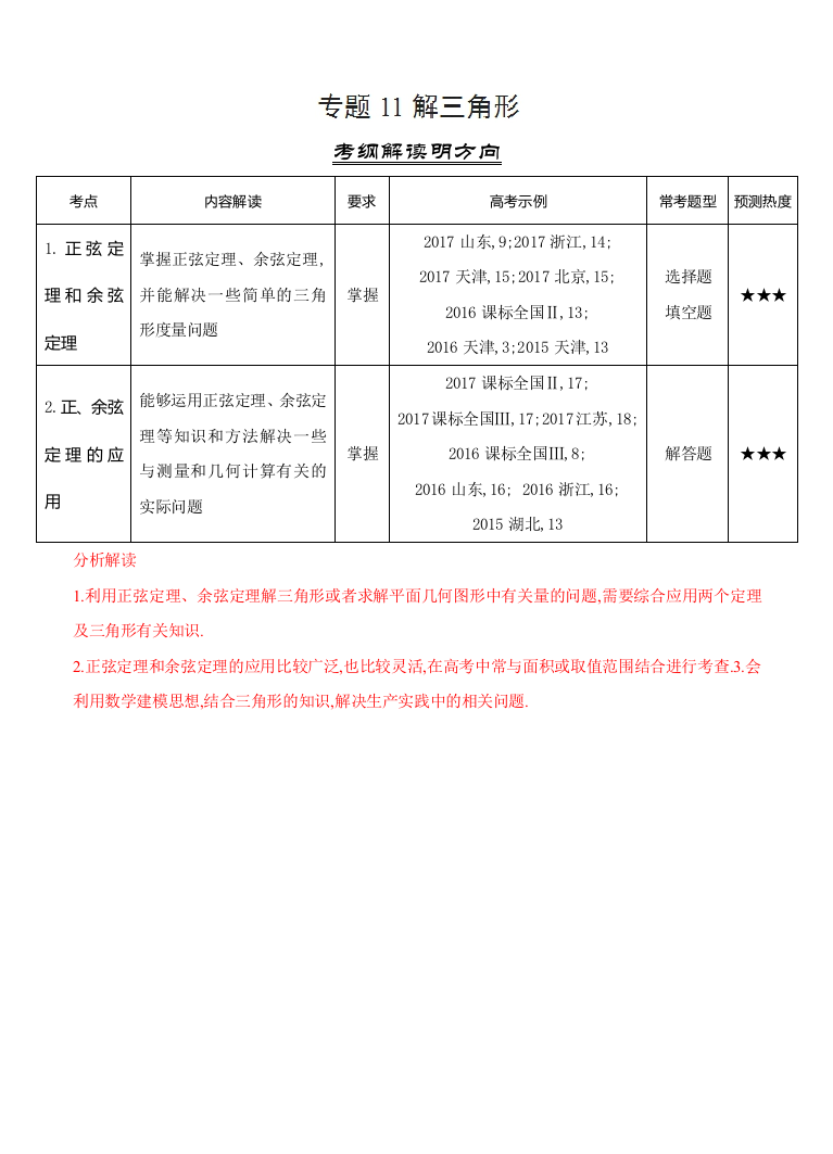 三年高考文科数学真题分类专题11解三角形