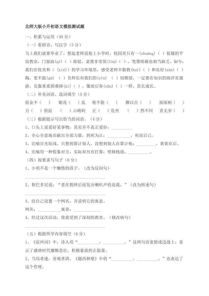 北师大版小升初语文模拟测试题