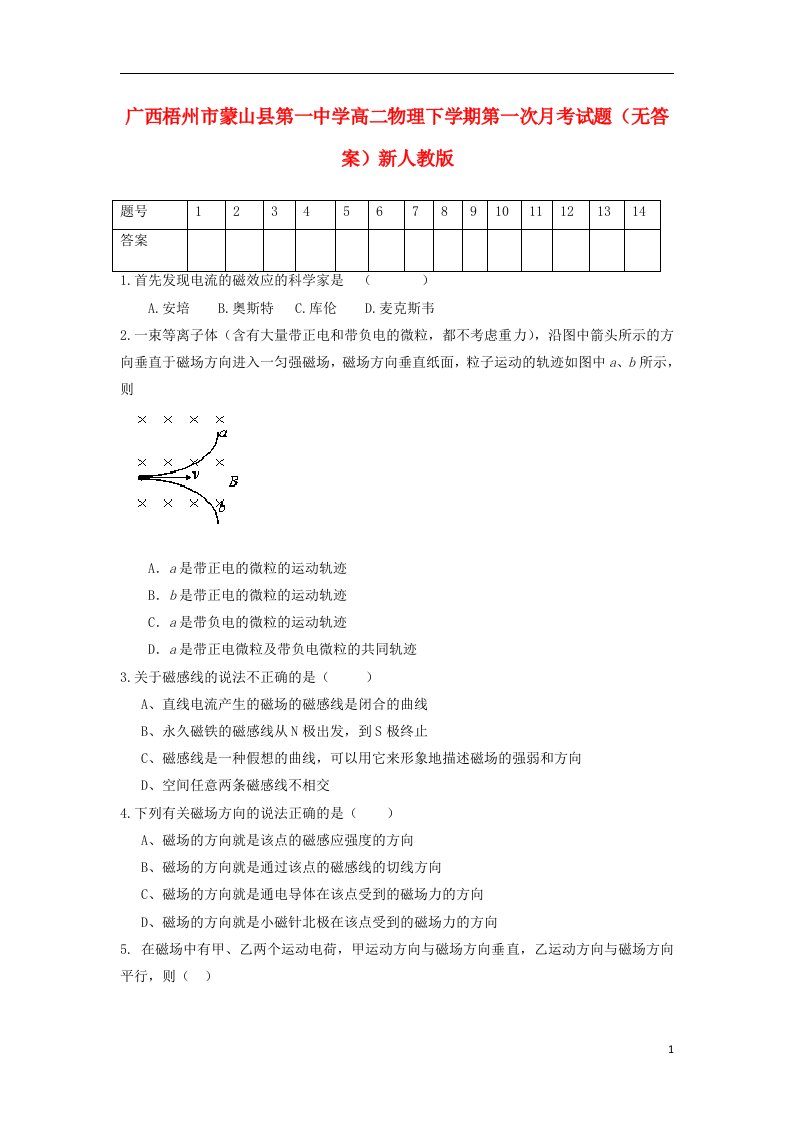 广西梧州市蒙山县第一中学高二物理下学期第一次月考试题（无答案）新人教版