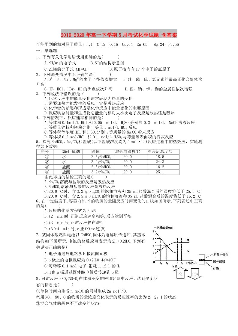 2019-2020年高一下学期5月考试化学试题