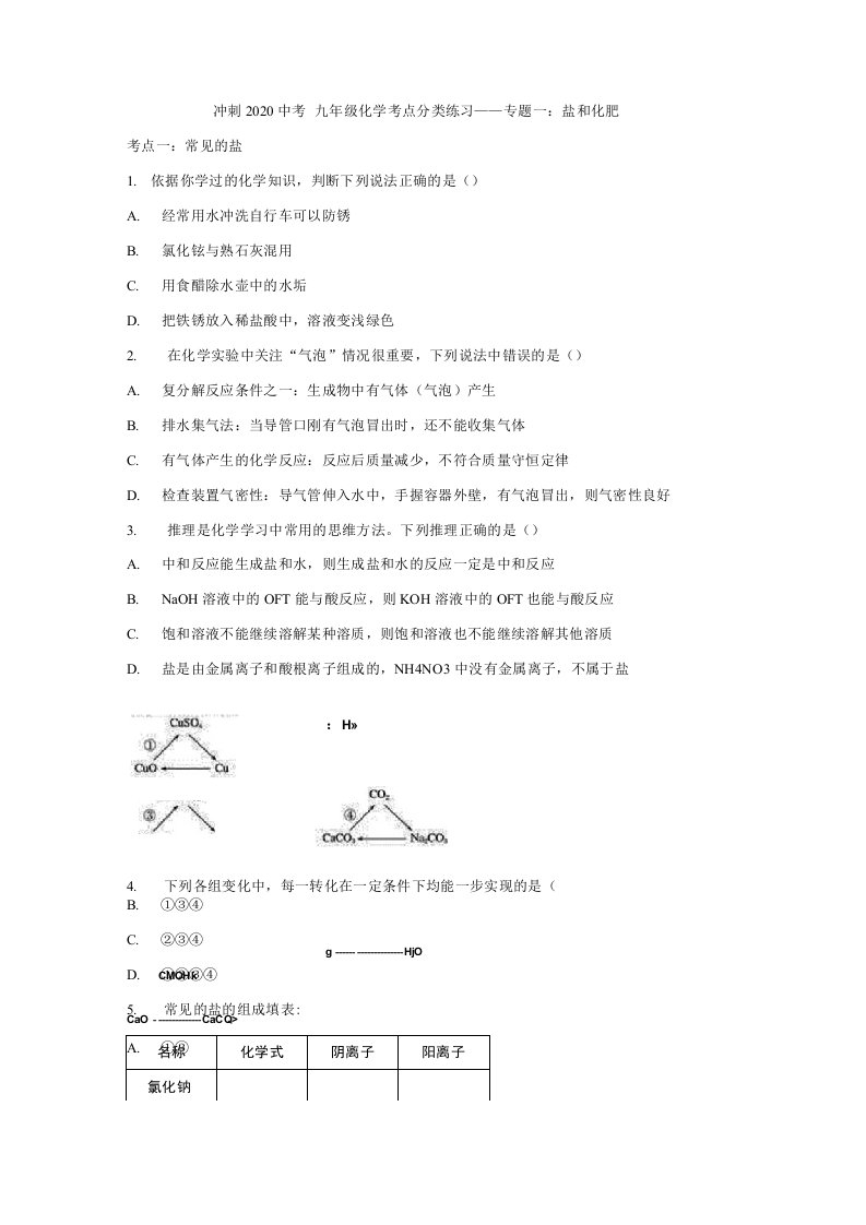 冲刺2020中考九年级化学考点分类练习题专题一盐和化肥解析版