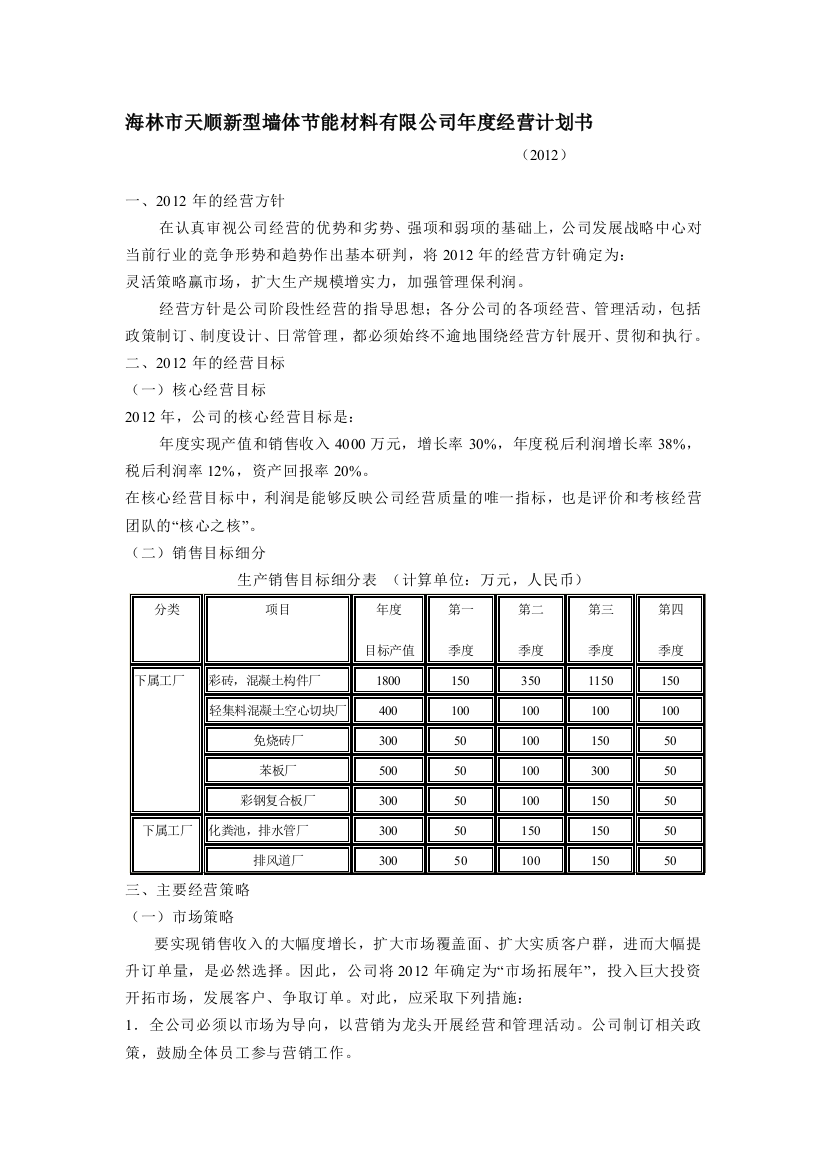 公司年度生产经营计划书11