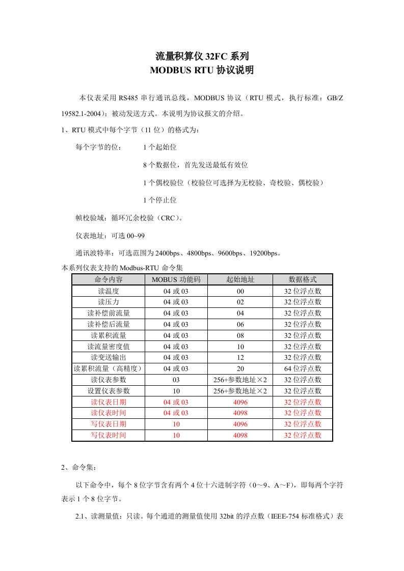 流量积算仪32fc系列modbusrtu协议说明