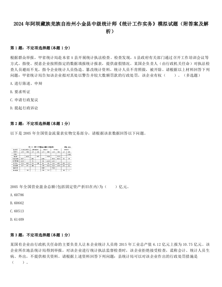 2024年阿坝藏族羌族自治州小金县中级统计师《统计工作实务》模拟试题（附答案及解析）