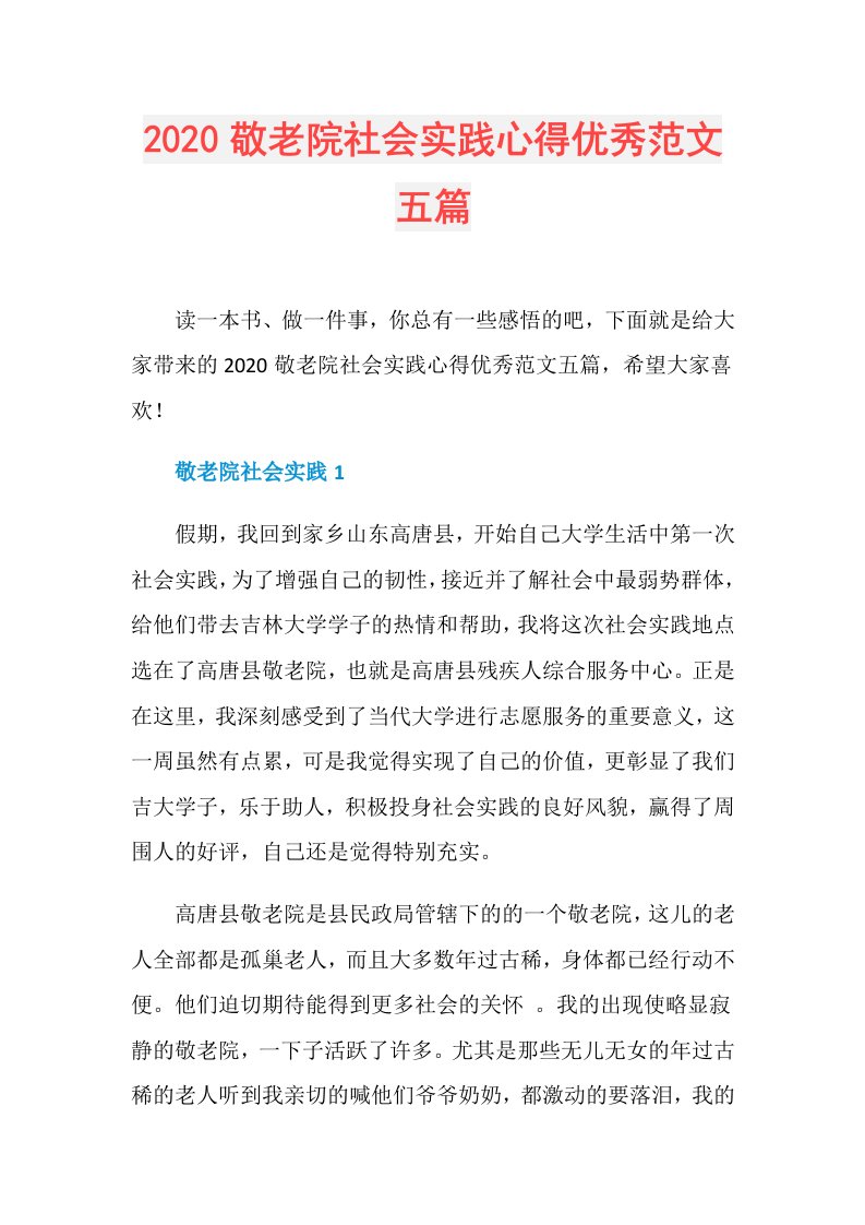 敬老院社会实践心得优秀范文五篇