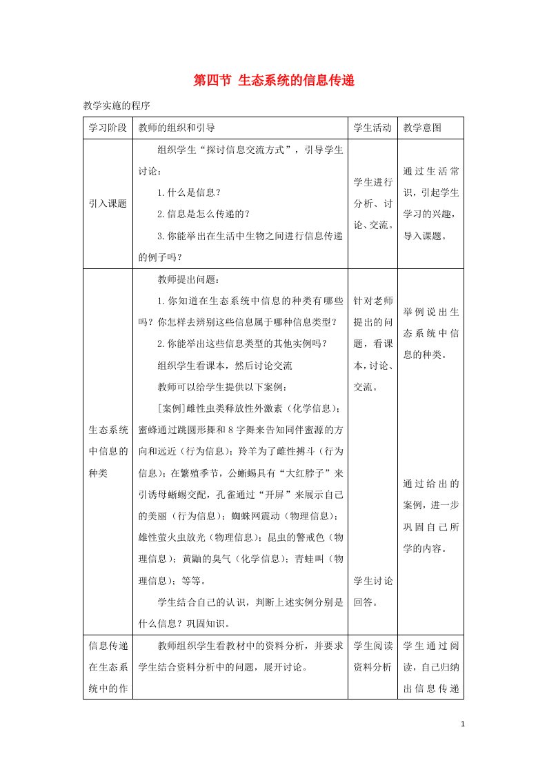 2021_2022年高中生物第五章生态系统及其稳定性第4节生态系统的信息传递四教案新人教版必修3