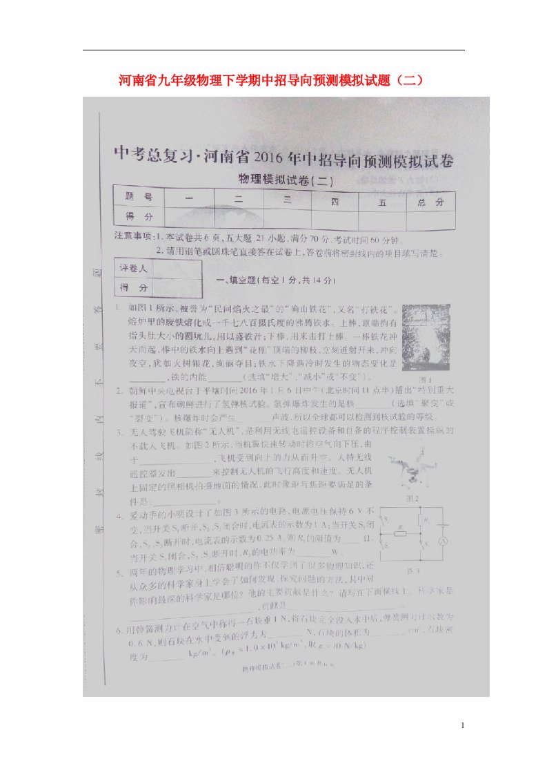 河南省九级物理下学期中招导向预测模拟试题（二）（扫描版）