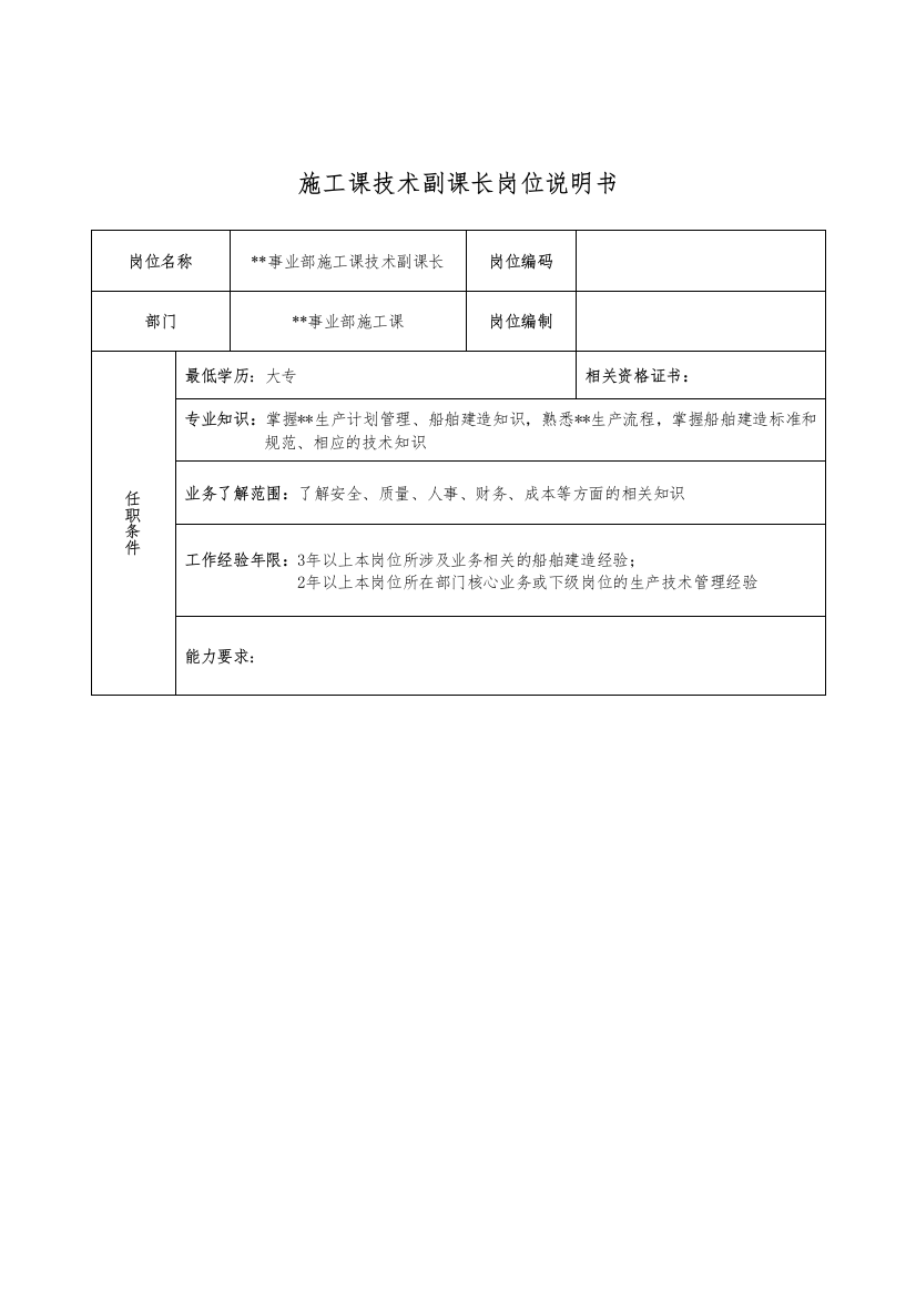 广船国际事业部施工科技术副科长岗位说明书