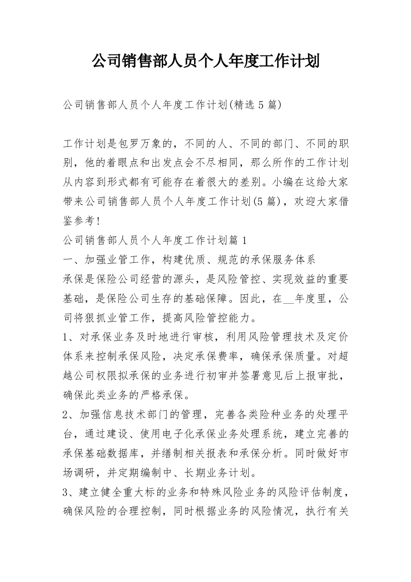 公司销售部人员个人年度工作计划