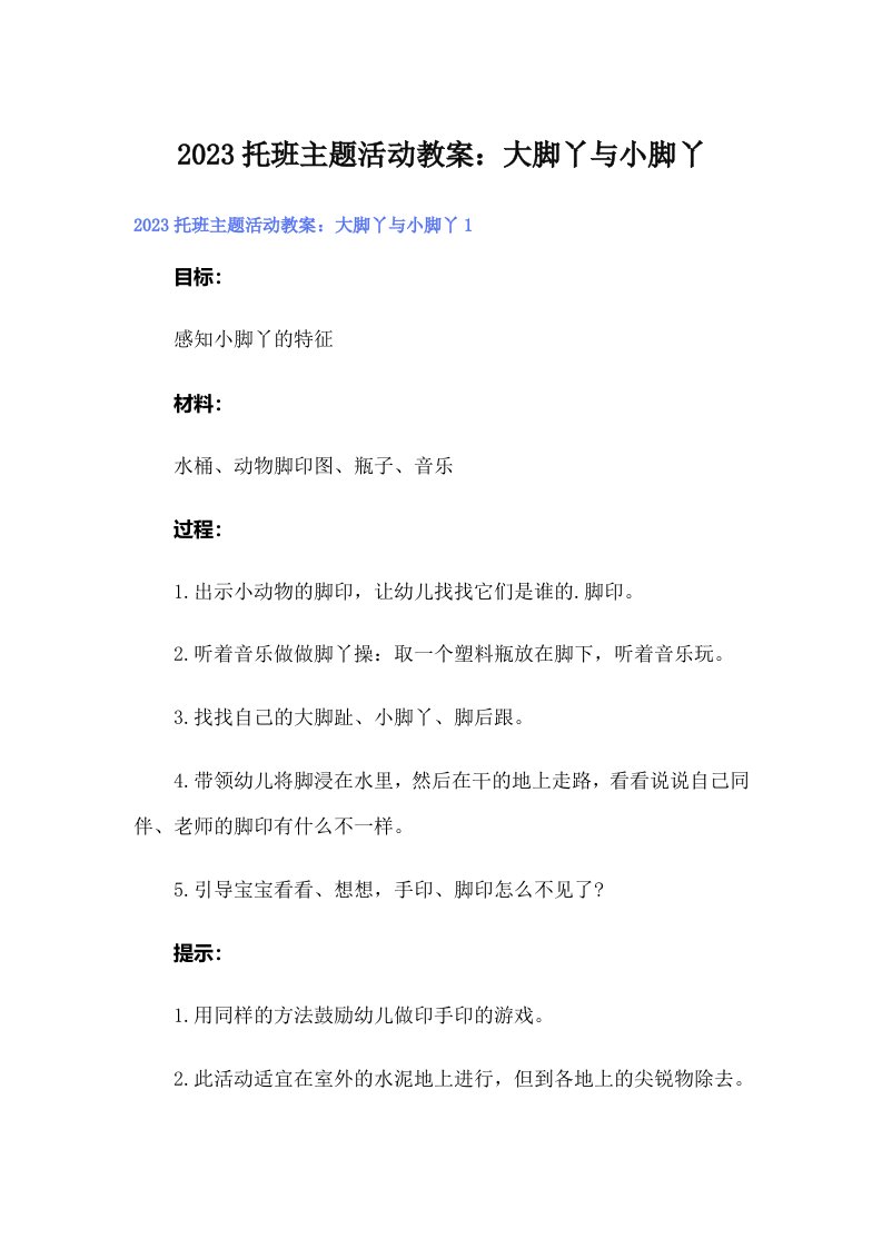 2023托班主题活动教案：大脚丫与小脚丫