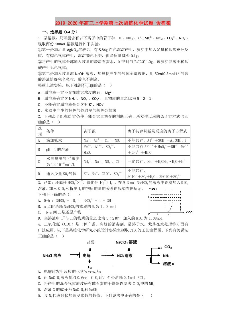 2019-2020年高三上学期第七次周练化学试题