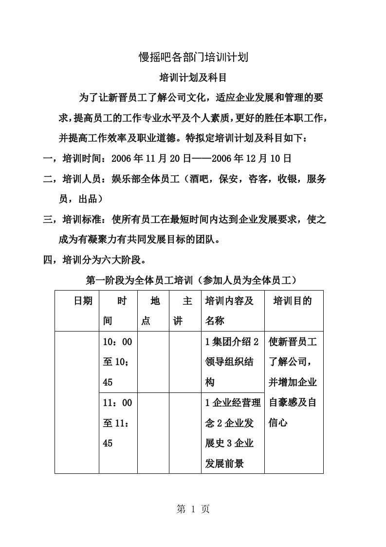 慢摇吧各部门培训计划