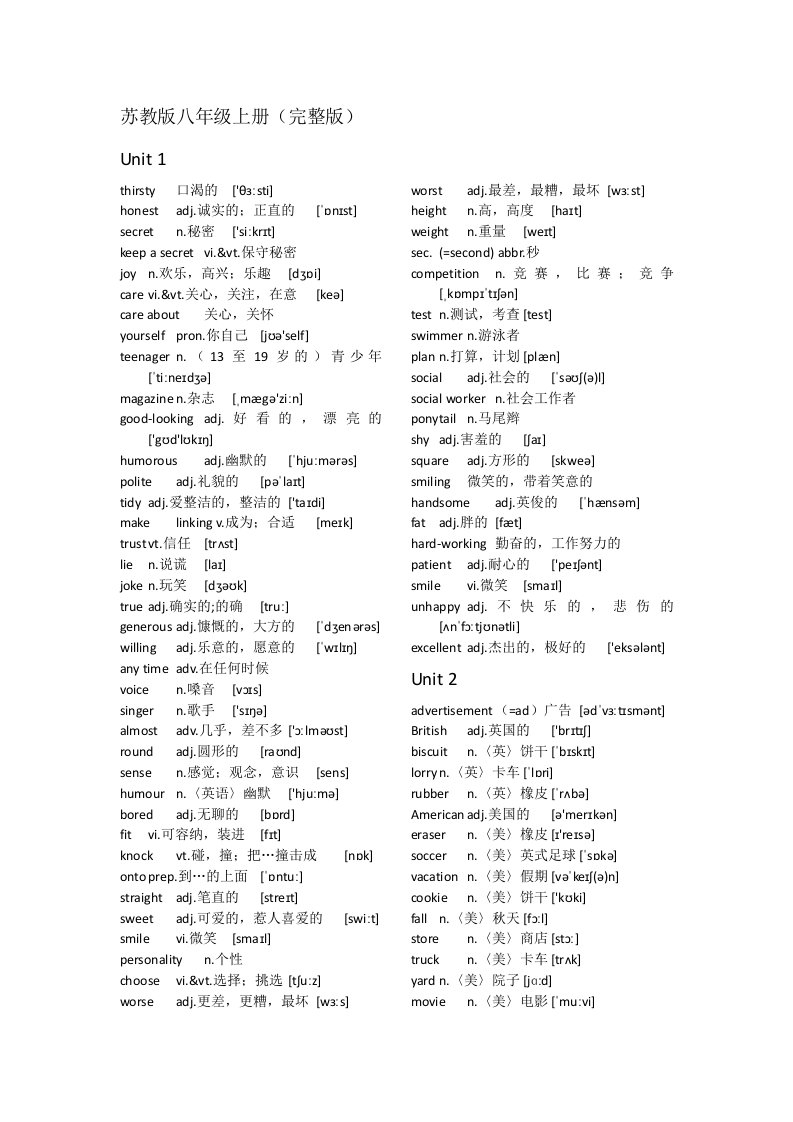 苏教版八年级上册英语词汇表完整版