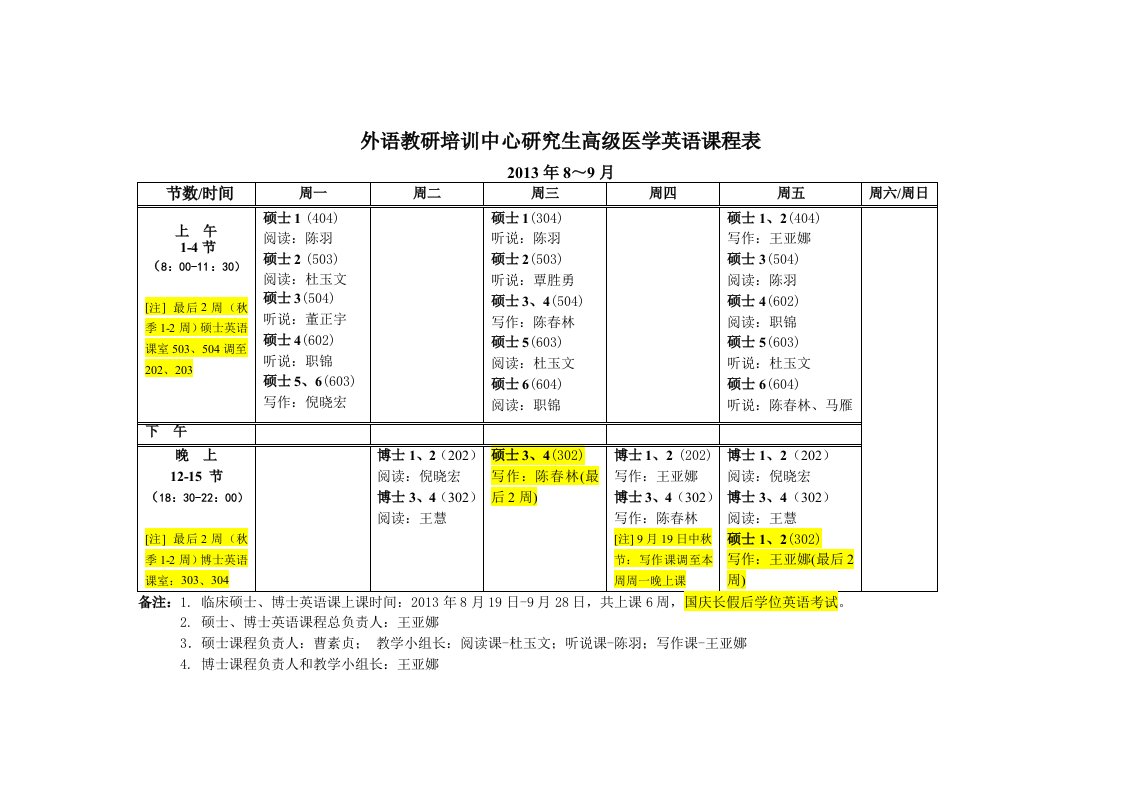 外语教研培训中心研究生高级医学英语课程表