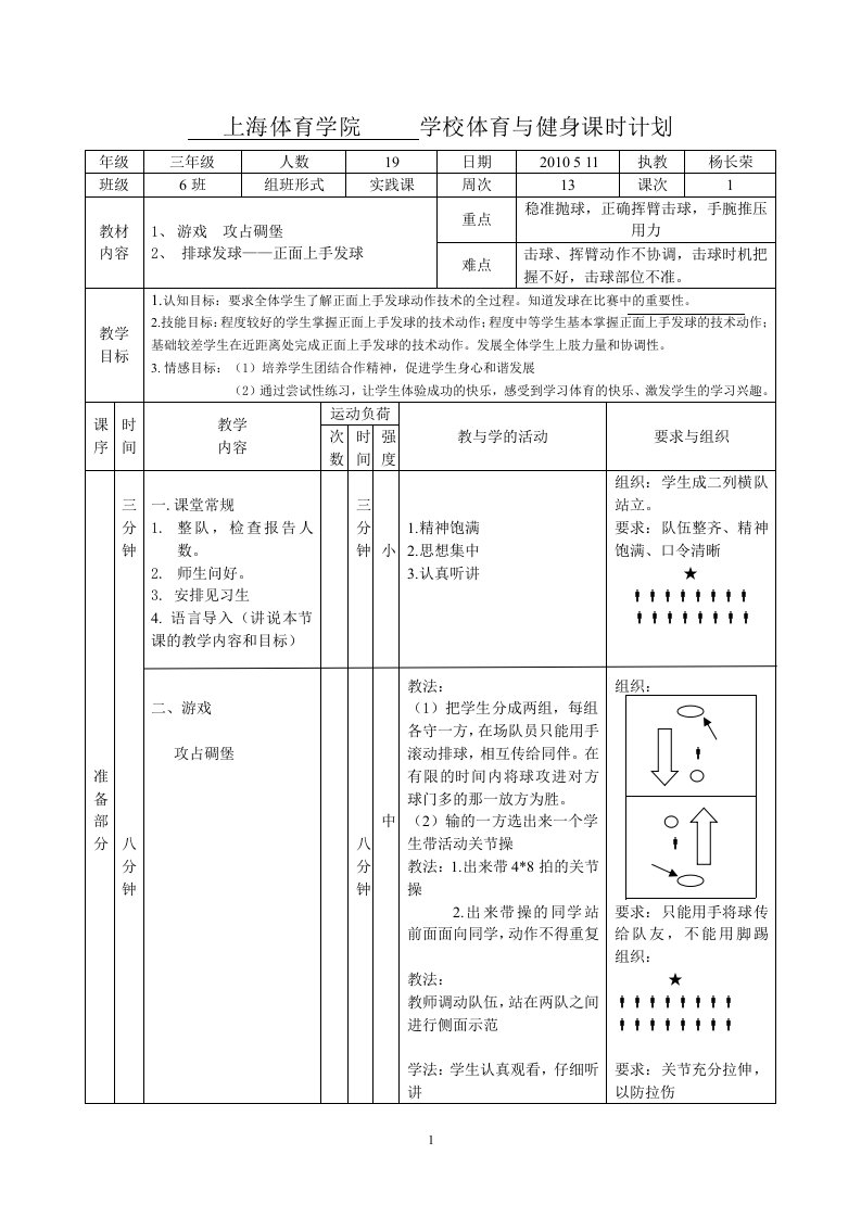 排球正面上手发球教案