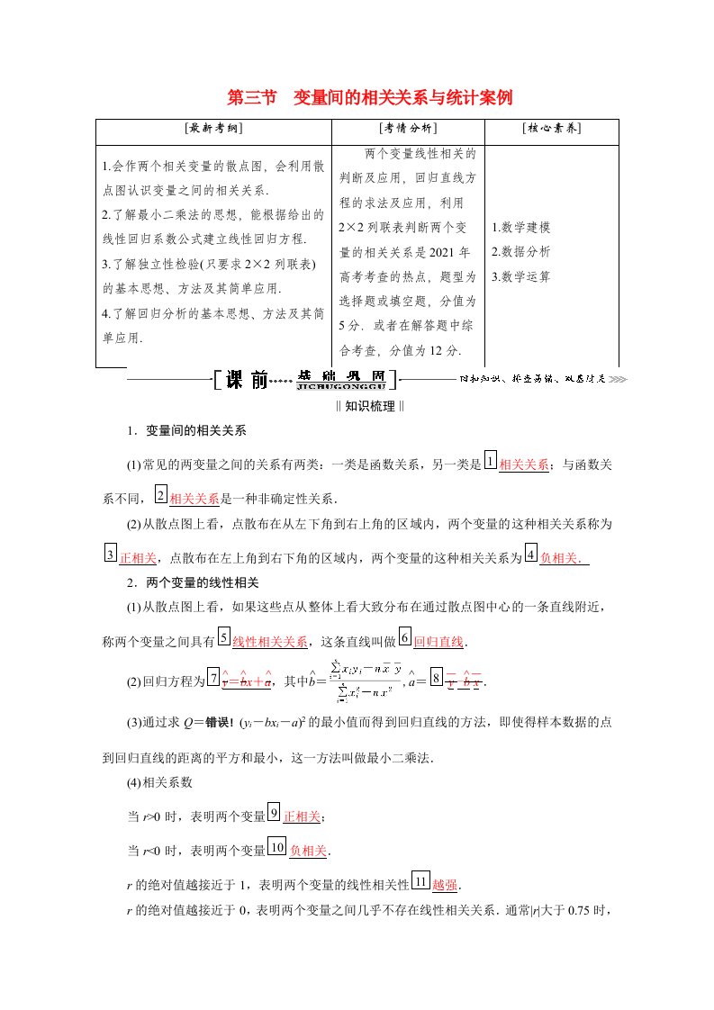 2021届高考数学一轮复习第十章统计与统计案例第三节变量间的相关关系与统计案例学案理含解析