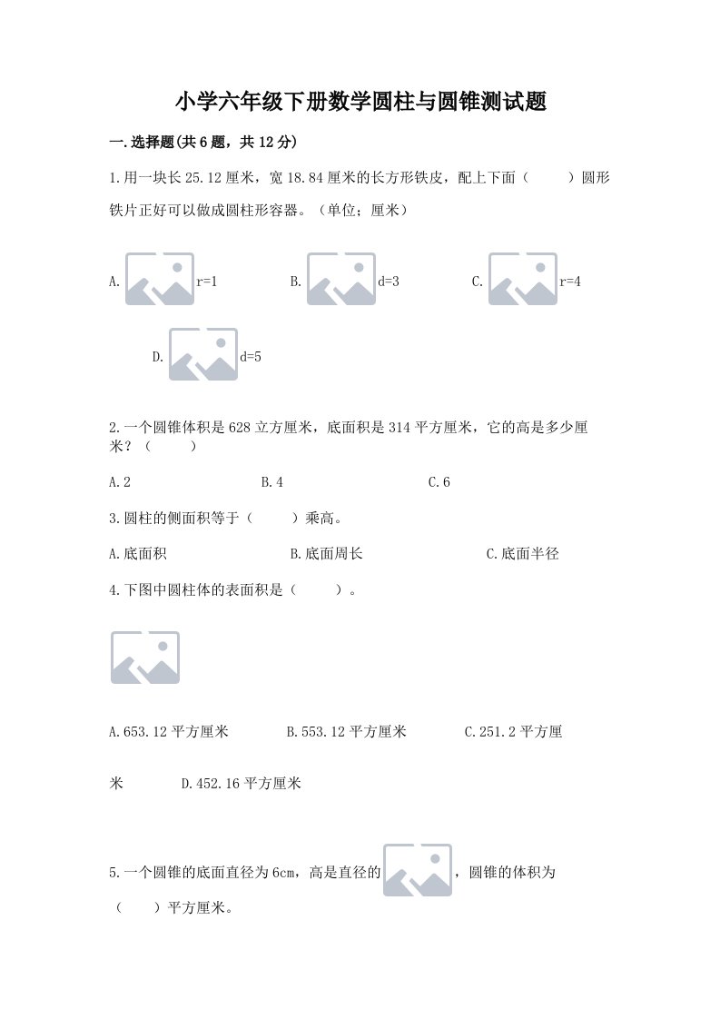 小学六年级下册数学圆柱与圆锥测试题含答案【名师推荐】