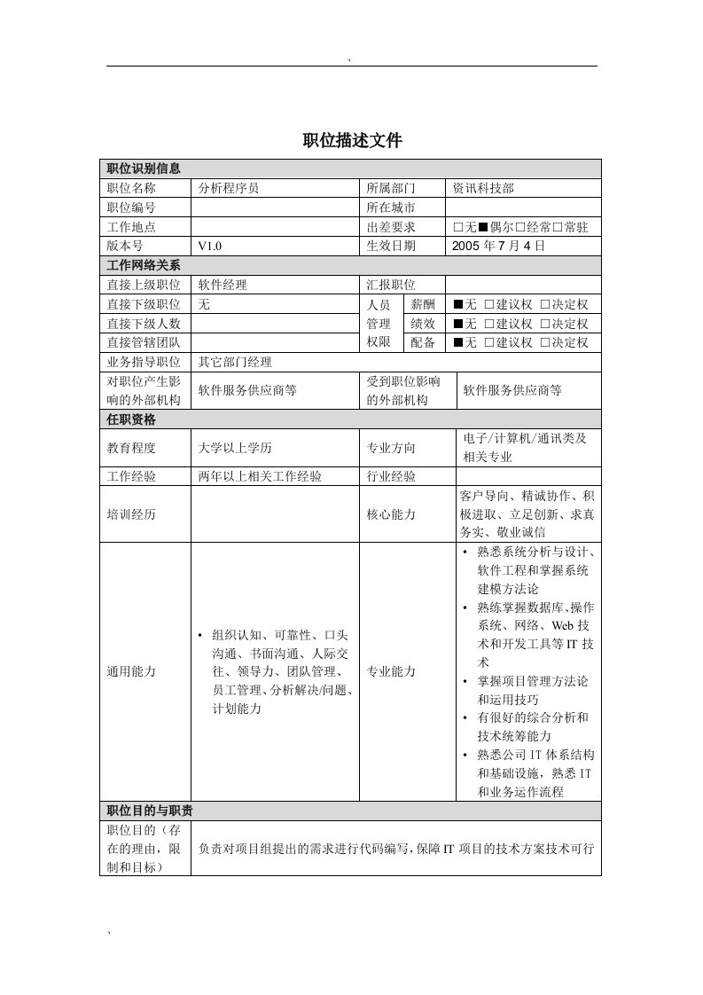 分析程序员岗位说明书