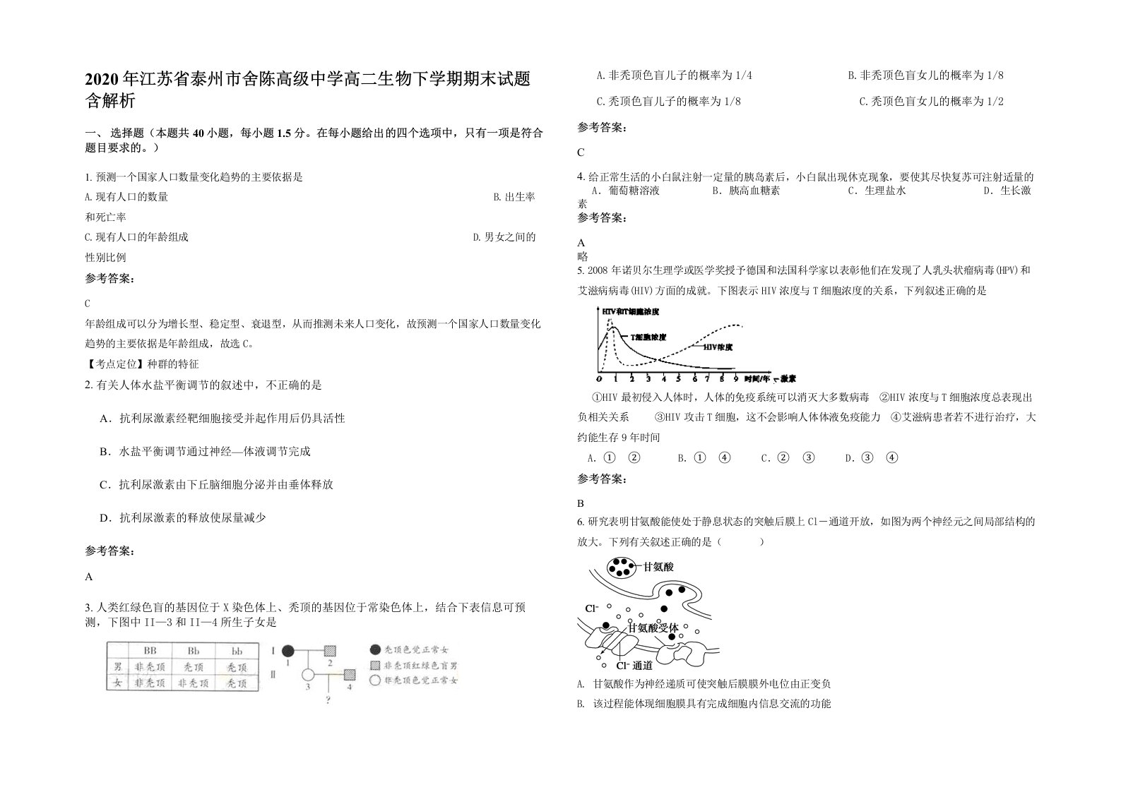 2020年江苏省泰州市舍陈高级中学高二生物下学期期末试题含解析