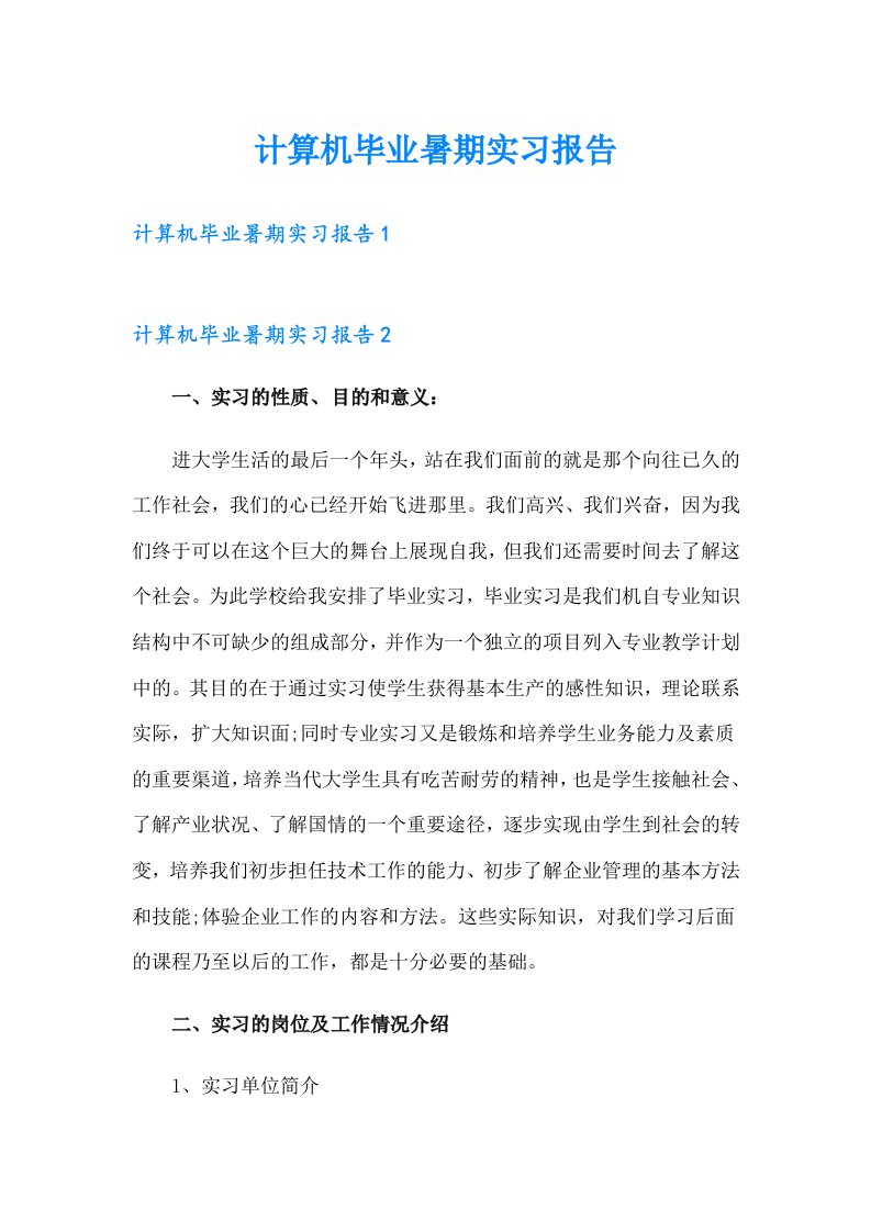 计算机毕业暑期实习报告