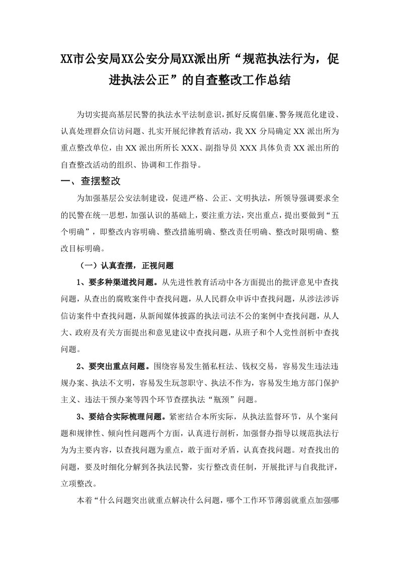 公安局公安分局派出所规范执法行为促进执法公正的自查整改工作总结