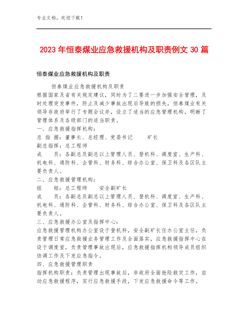 2023年恒泰煤业应急救援机构及职责例文30篇