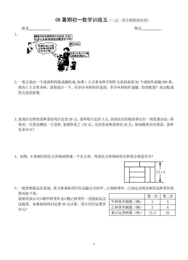 【小学中学教育精选】08暑期初一数学训练五（二元一次方程组的应用）