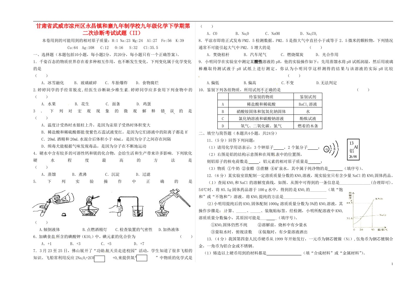 甘肃省武威市凉州区永昌镇和寨九制学校九级化学下学期第二次诊断考试试题（无答案）（II）