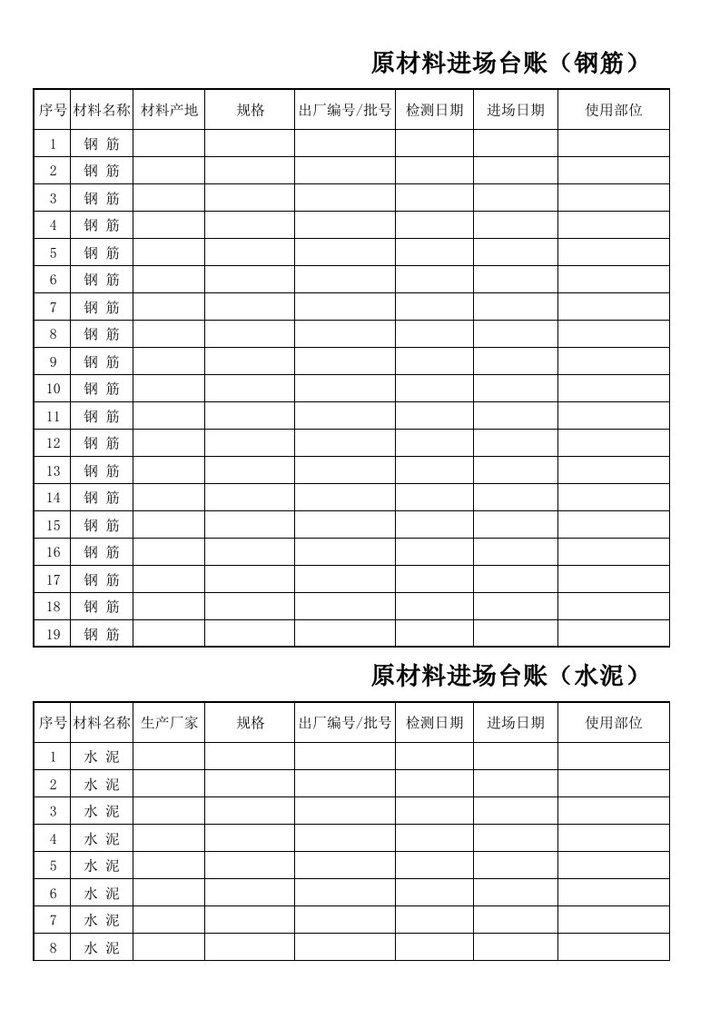 公路工程原材料进场台账表格样式