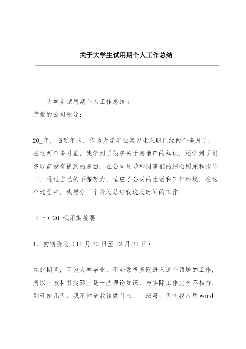 关于大学生试用期个人工作总结