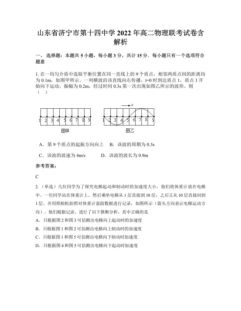 山东省济宁市第十四中学2022年高二物理联考试卷含解析