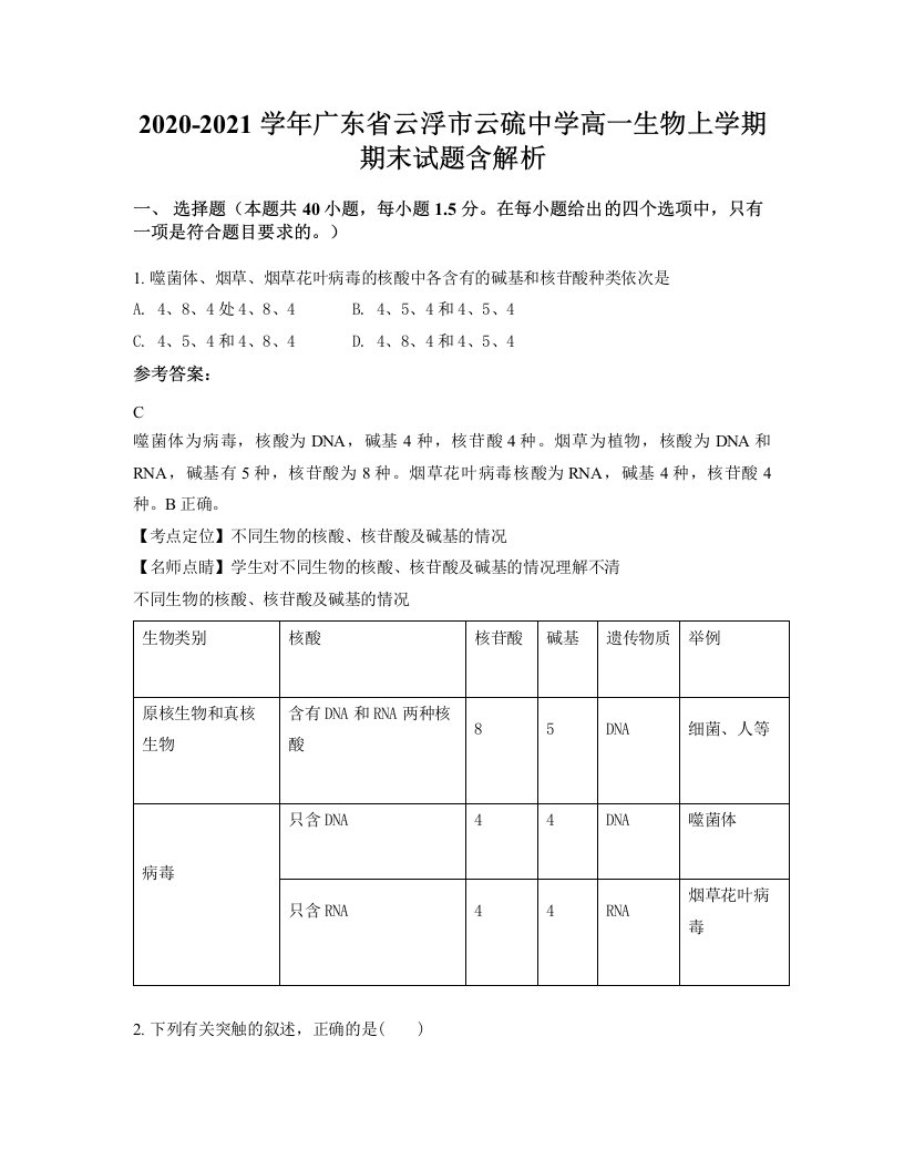 2020-2021学年广东省云浮市云硫中学高一生物上学期期末试题含解析